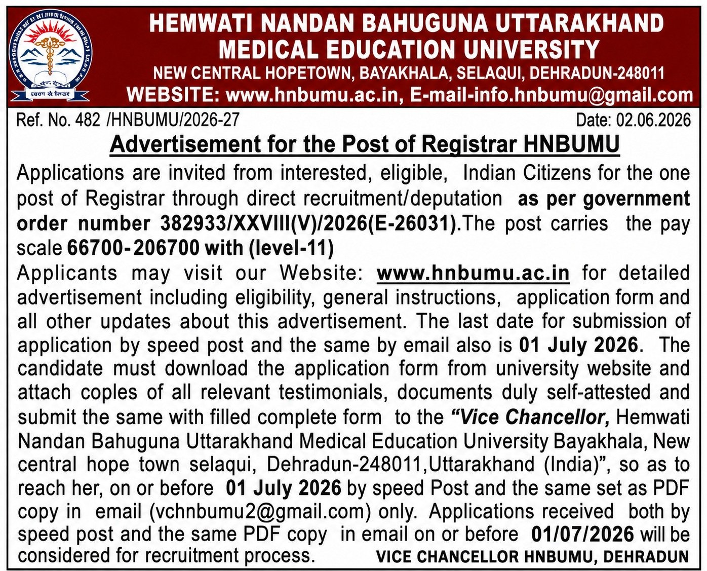 Advertisement for the Post of Registrar HNBUMU